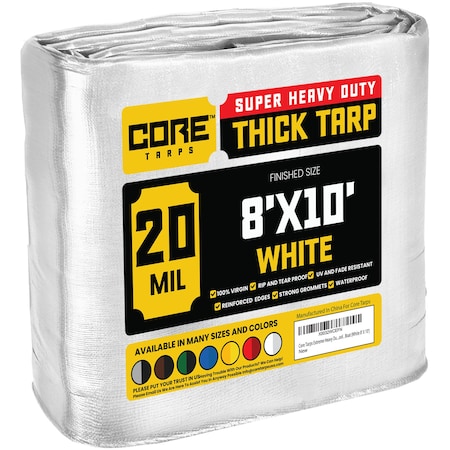 Core Tarps Heavy Duty Tarp, 10 ft L x 0.5 mm H x 8 ft W, 20 Mil, White, Polyethylene CT-704-8X10